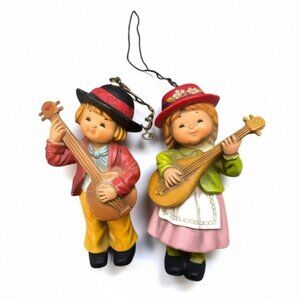 Vintage Boy & Girl Musician Ornaments With Instruments Hand-Painted Resin 4" Tal